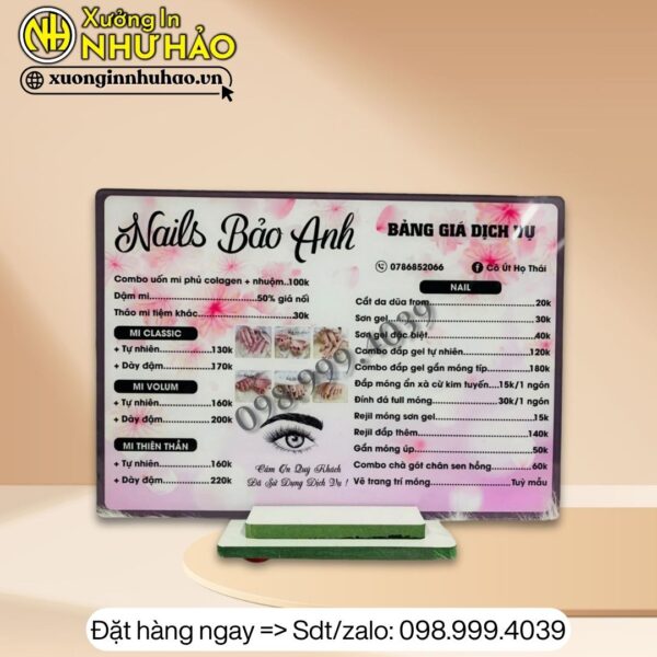 In Menu bang gia dich vu