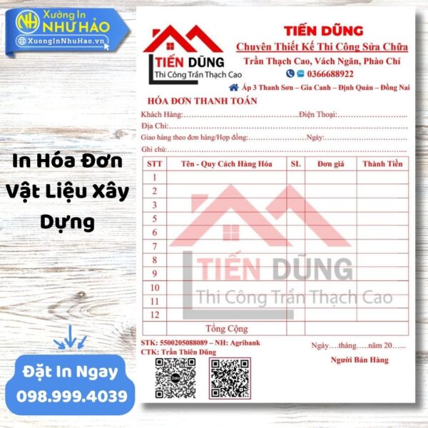 In Hóa Đơn Vật Liệu Xây Dựng: Giải Pháp Toàn Diện Cho Doanh Nghiệp Ngành Xây Dựng Từ Xưởng In Như Hảo