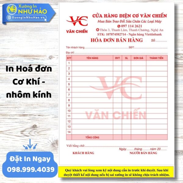 In Hóa Đơn Cơ Khí - Nhôm Kính Chuyên Nghiệp Tại Xưởng Như Hảo, Thiết Kế Theo Yêu Cầu
