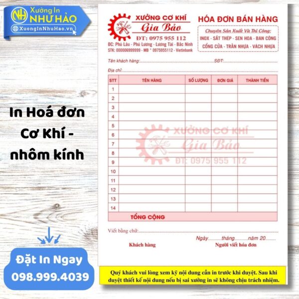 In Hóa Đơn Cơ Khí - Nhôm Kính Chuyên Nghiệp Tại Xưởng Như Hảo, Thiết Kế Theo Yêu Cầu