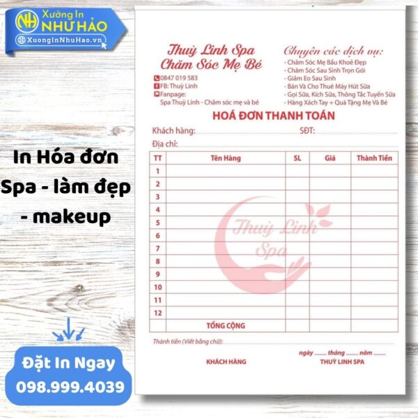 In Hóa Đơn Spa - Làm Đẹp - Makeup Chuyên Nghiệp | Thiết Kế Miễn Phí, Giá Tốt Tại Xưởng In Như Hảo