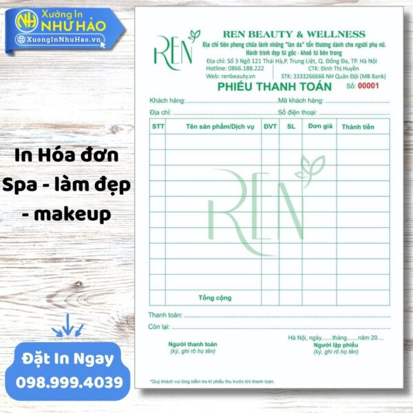 In Hóa Đơn Spa - Làm Đẹp - Makeup Chuyên Nghiệp | Thiết Kế Miễn Phí, Giá Tốt Tại Xưởng In Như Hảo
