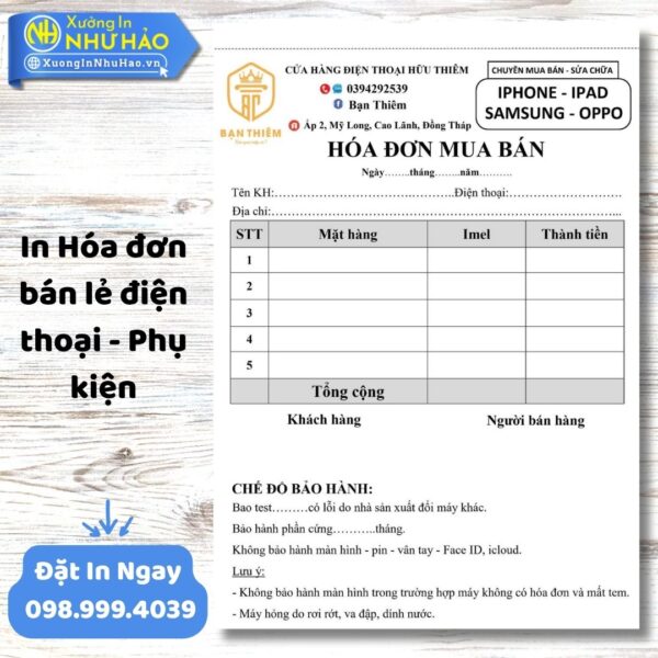 In Hóa Đơn Bán Lẻ Điện Thoại - Phụ Kiện Chuyên Nghiệp, Giá Tốt | Xưởng In Như Hảo.