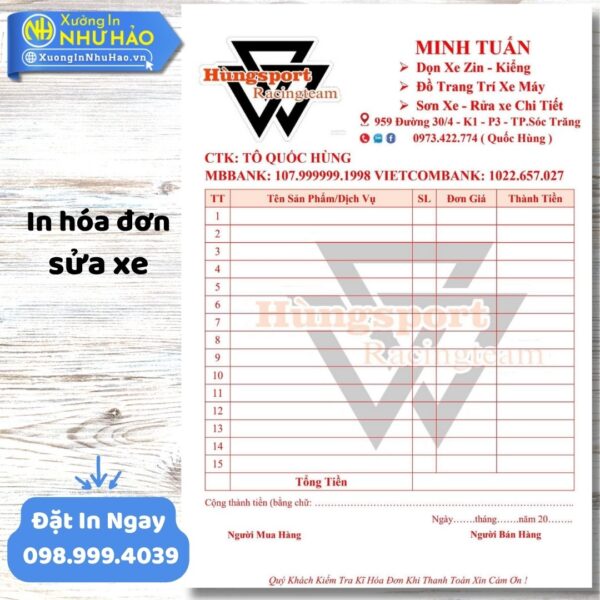 In Hóa Đơn Sửa Xe Chuyên Nghiệp, Giá Tốt Tại Xưởng In Như Hảo – Hỗ Trợ Thiết Kế Miễn Phí, Giao Nhanh Toàn Quốc
