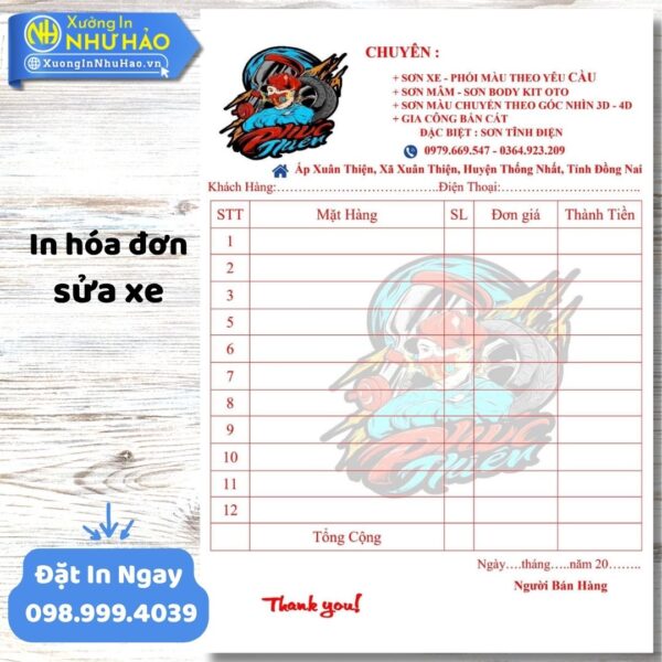 In Hóa Đơn Sửa Xe Chuyên Nghiệp, Giá Tốt Tại Xưởng In Như Hảo – Hỗ Trợ Thiết Kế Miễn Phí, Giao Nhanh Toàn Quốc