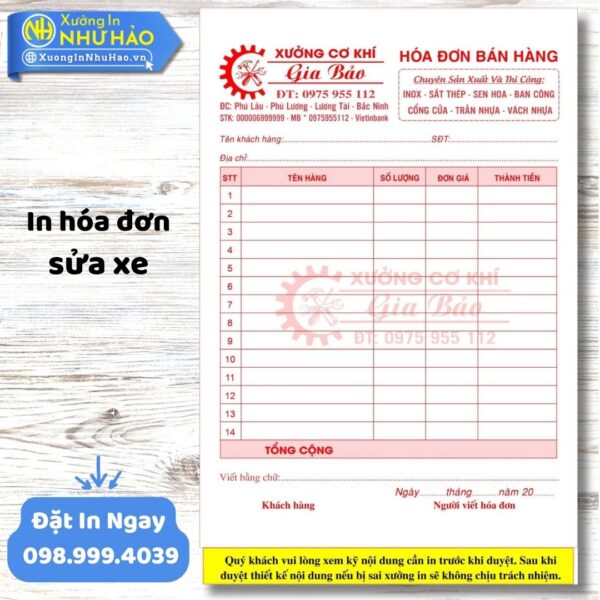 In Hóa Đơn Sửa Xe Chuyên Nghiệp, Giá Tốt Tại Xưởng In Như Hảo – Hỗ Trợ Thiết Kế Miễn Phí, Giao Nhanh Toàn Quốc