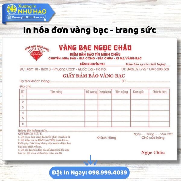 In Hóa Đơn Vàng Bạc Trang Sức: Uy Tín, Chất Lượng