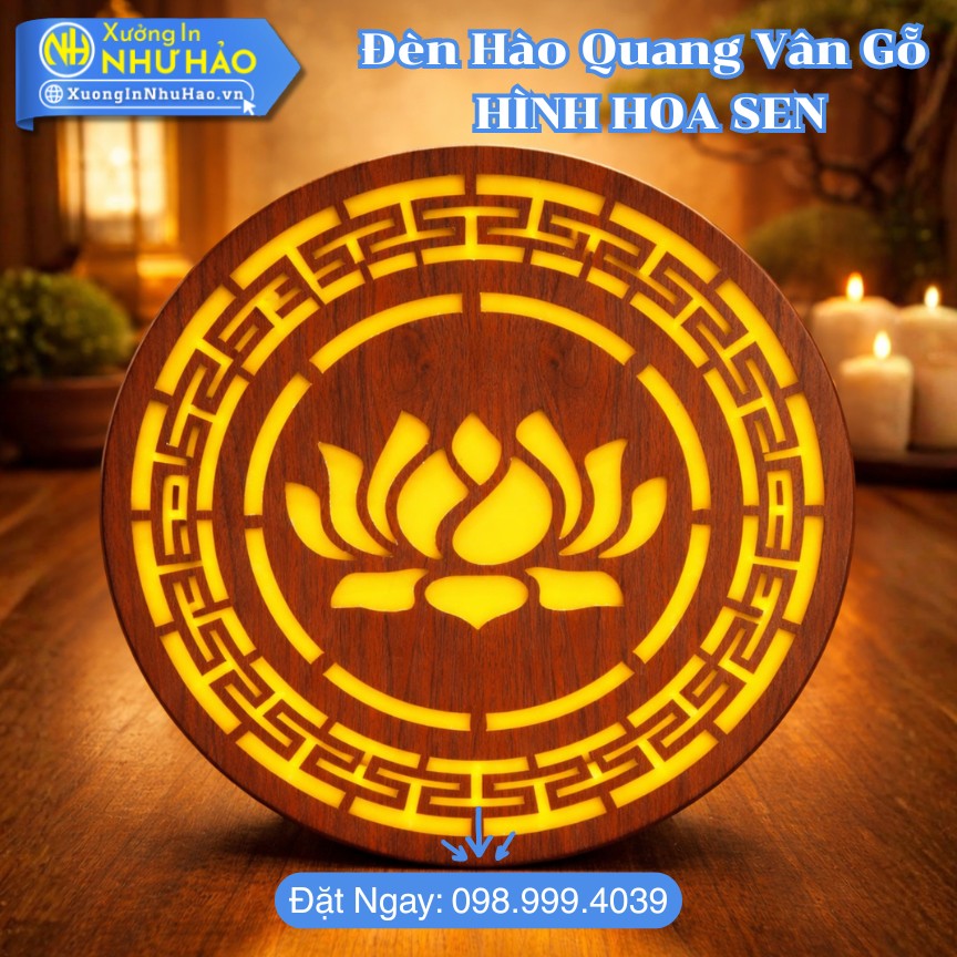 Đèn Hào Quang Vân Gỗ Hình Hoa Sen