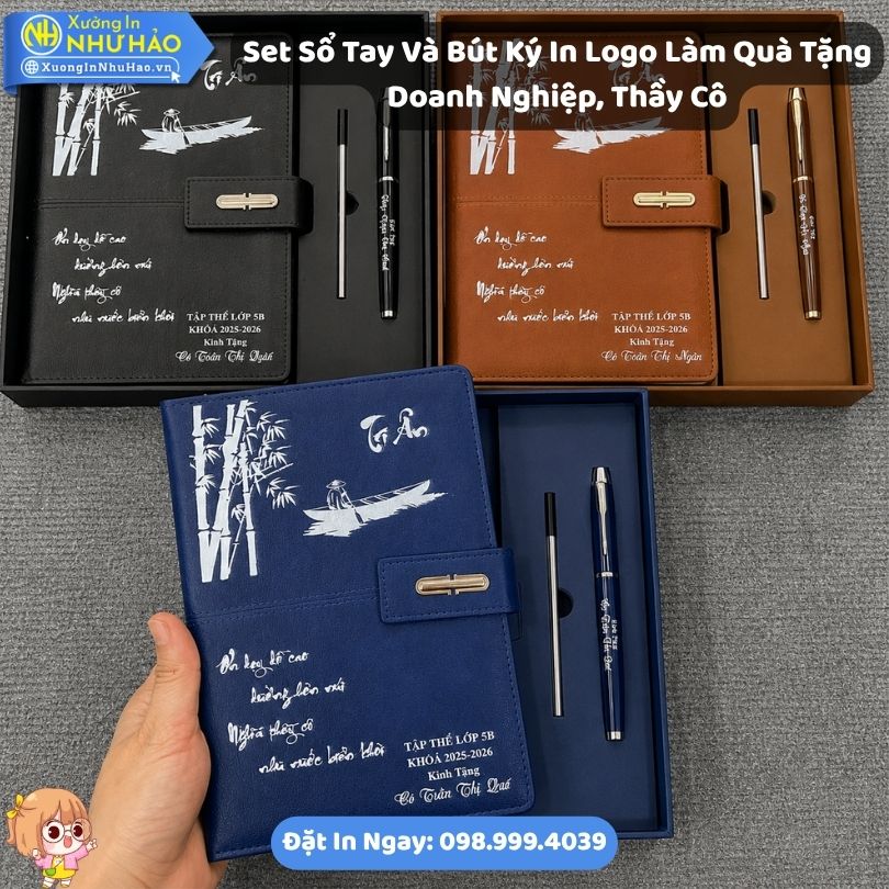 Set So Tay Va But Ky In Logo Lam Qua Tang Doanh Nghiep, Thay Co 6 Set Sổ Tay Và Bút Ký In Logo Làm Quà Tặng Doanh Nghiệp, Thầy Cô Theo Yêu Cầu - Bộ Quà Tặng Tri Ân Đẹp Và Sang Trọng Tại Xưởng In Như Hảo
