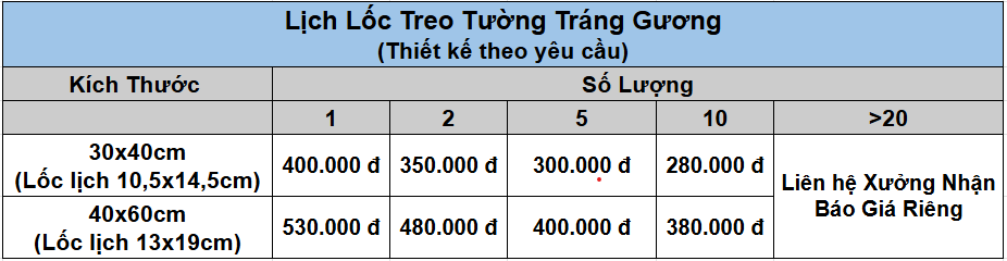 bảng giá lịch treo tường tráng gương